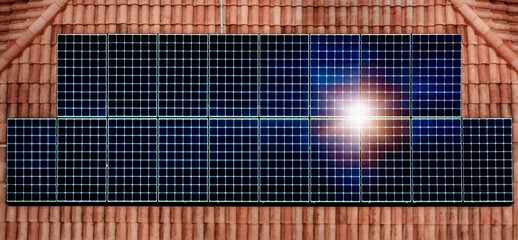 Solar panels reflecting sun on house roof