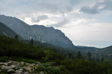 Scenic view Of landscape and rocky foggy mountains against cloudy sky in High Tatras, Slovakia