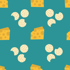 Crackers and cheese with green background. Biscuits seamless repeat vector pattern.