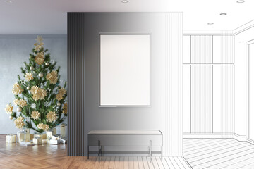 Naklejka na ściany i meble The sketch becomes a real entrance hallway with a vertical mockup poster in a metal frame over a gray pouf. Christmas tree with gifts, wardrobe with an entrance door are in the background. 3d render