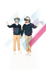full length view of multicultural schoolgirls holding hands while using virtual reality headsets on white background, abstract illustration