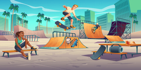 Obraz premium Teenagers in skate park, rollerdrome perform skateboard jumping stunts on quarter and half pipe ramps. Extreme sport, graffiti, youth urban culture and teen street activity Cartoon vector illustration