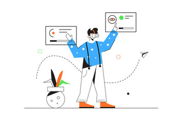 Guy in virtual glasses dealing with files on virtual flying displays isolated on white background, flat vector illustration