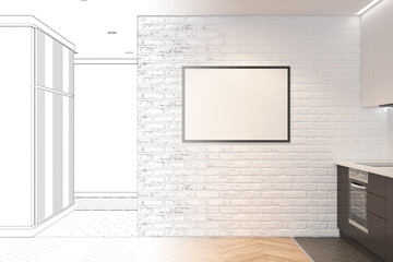 The sketch becomes a real bright room with a parquet floor, a horizontal poster on a brick wall, kitchen cabinets. There is a hallway with mirror, wardrobe in the background. 3d render