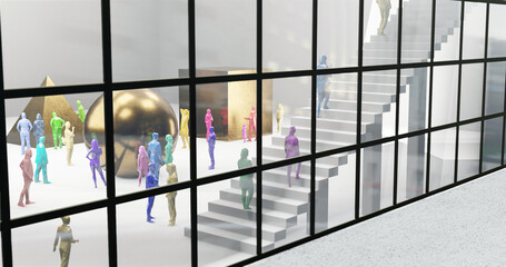 Lobby of a museum or of a shopping center or of a airport with colorful people inside, 3d low poly illustration
