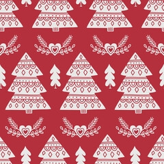 Christmas seamless pattern with fir trees, leaves, hearts, fir branches