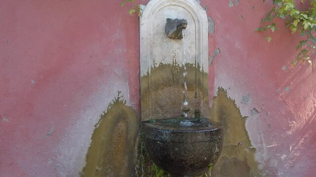 Slow motion of a typical roman fountain located in the Rome Rose Garden. It has text SPQR engraved and a tap shaped as the head of a wolf, symbol of ancient Rome