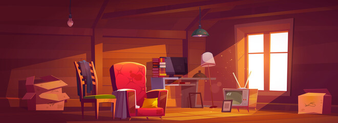 Attic room with old things, garret with window, wooden walls and furniture. Cozy place with antique switched-off TV set, carton boxes, computer, table with books and lamps. Cartoon vector illustration © klyaksun