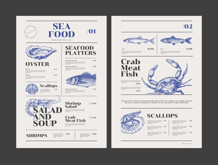 Fish restaurant menu template with hand-drawn seafood delicacies. Sample design in vintage engraving style. Brand style vector illustration. - obrazy, fototapety, plakaty