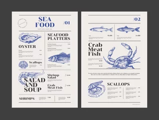 Fotobehang Fish restaurant menu template with hand-drawn seafood delicacies. Sample design in vintage engraving style. Brand style vector illustration. © KOSIM