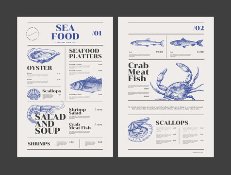 Fish restaurant menu template with hand-drawn seafood delicacies. Sample design in vintage engraving style. Brand style vector illustration.