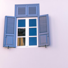 vintage blue shutters with white frame window, Athens Greece, space for text