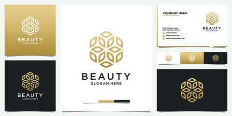 Naklejka premium Luxury beauty flower logo design with line art style and business card