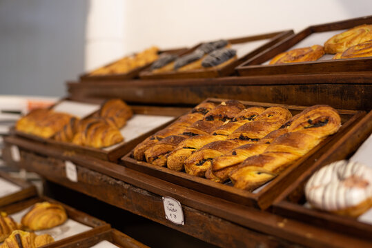 French Bakery items on a shelf for sale