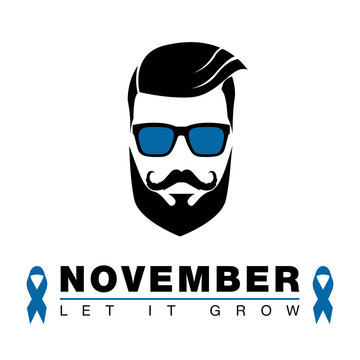 Man Face With Blue Ribbon And Lettering On White Background For November Month. Movember Is Prostate Cancer Awareness Month. Awareness Of Men's Health. Vector Illustration. Moustache And Blue Ribbon