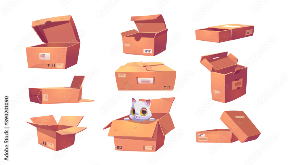 Poster brown cardboard boxes different shapes isolated on white background. vector cartoon set of open and 