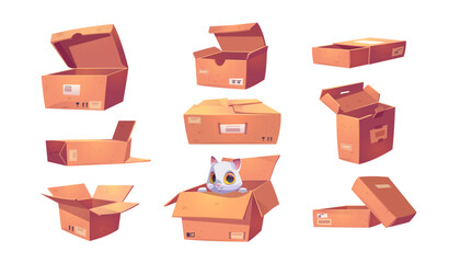 Brown cardboard boxes different shapes isolated on white background. Vector cartoon set of open and closed empty package containers for moving, delivery or storage. Funny cat in box