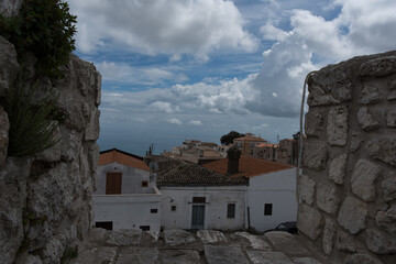 Monte Sant'Angelo, a medieval village in Puglia, on the Gargano peninsula. View of the town, the...