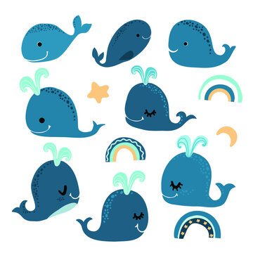 
whales doodles set on the white background