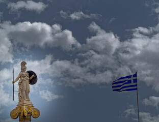 Athena the ancient Greek goddess of knowledge and wisdom and the Greek flag, under cloudy sky