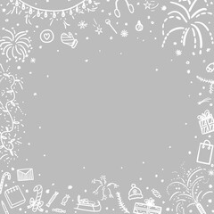 Hand drawn christmas frame. Hand drawn elements. Abstract holiday signs and objects. Black and white illustration