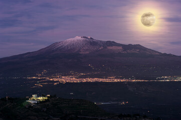 Night Landscape With Full Moon On City And Etna Volcano In Sicily Natural Landmark - 390202880