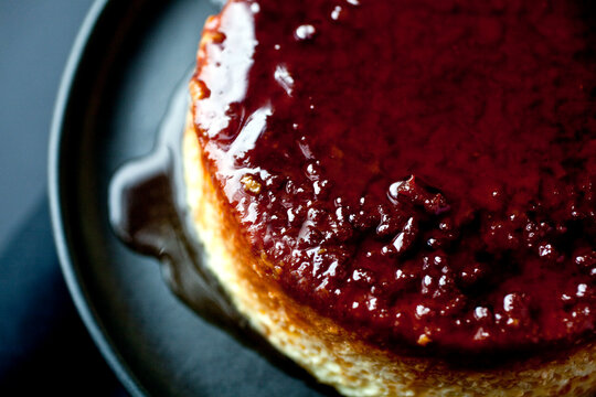 Close up of caramel rice flan served on plate