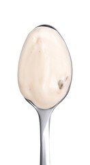 Tartar sauce in spoon isolated on white background. Close up, top view.