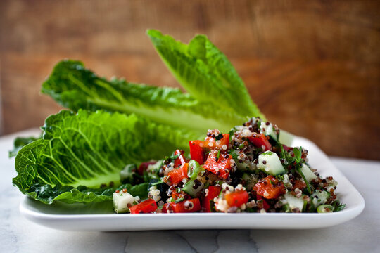 Close up of rainbow quinoa tabbouleh served on plate