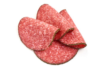 Peppered salami slices, isolated on white background