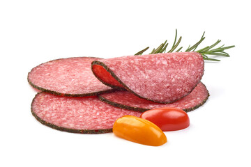 Peppered salami slices, isolated on white background