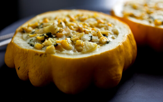 Close up of pattypan squash with corn
