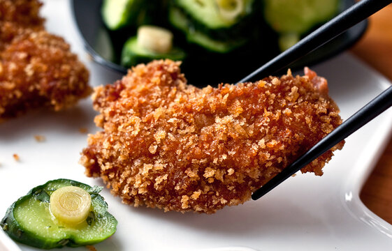 Close up of pork katsu with pickled cucumbers and shiso served on plate