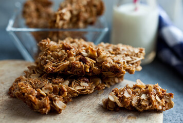 Close up of granola bars served on cutting board
