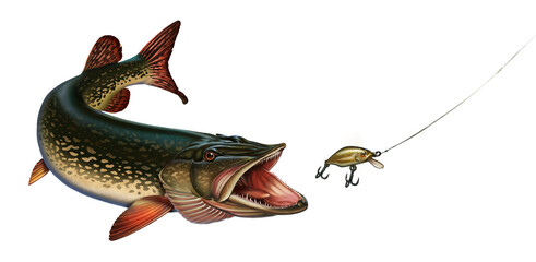 The pike hunts for the golden wobbler bait. Great northern pike on the hunt illustration isolate realistic art. - 390204254