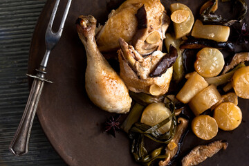 Close up of sesame braised chicken on plate