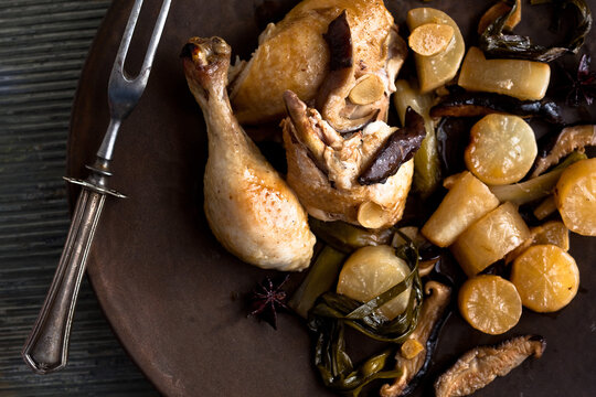 Close up of sesame braised chicken on plate