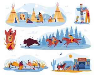 American, native indian wild life, culture in West, set of vector illustrations. Cowboys on horses and swild west saloon, traditional wigwam, canoe boat with indians, totem. Retro, ethnic collection.