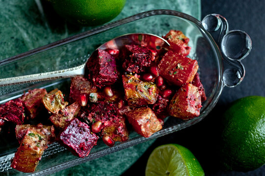 Overhead view of roasted beets served in bowl