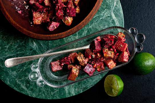 Overhead view of roasted beets served in bowl