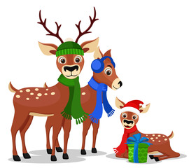 Deer family in hats and scarves, character. Merry Christmas