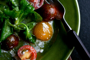 Close up of mache salad with yogurt dressing served on plate