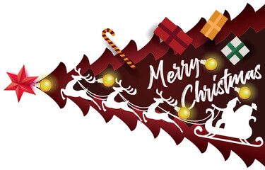 Christmas card paper art concept, Santa claus and reindeer running on on christmas tree with gift, snow, star, christmas tree, design for web banner, poster, invitation card and happy new year.