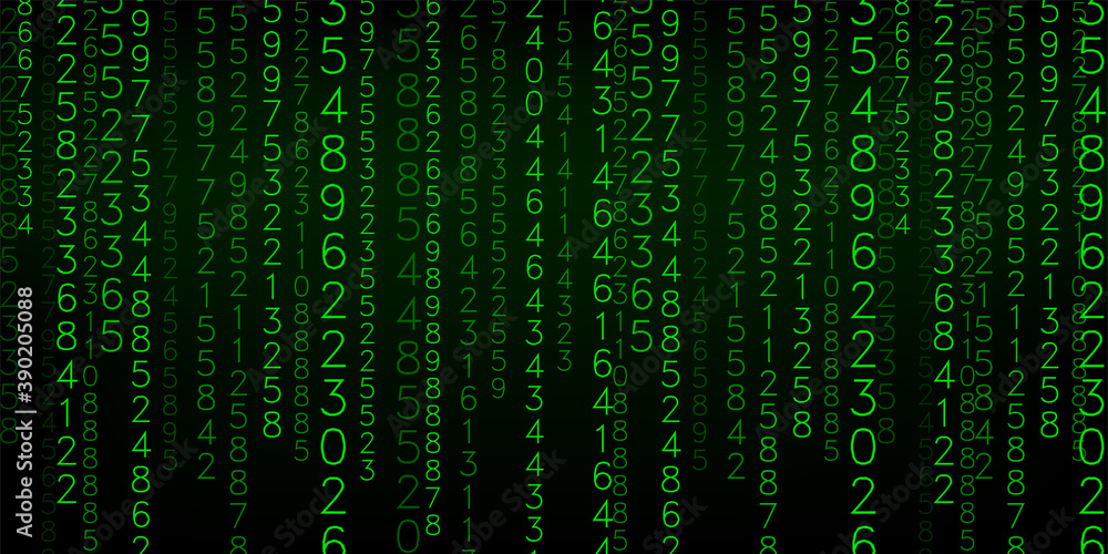 Wall mural green matrix background. stream of binary code. falling numbers on dark backdrop. digital computer c