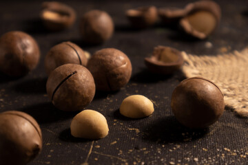 Macadamia nut in shell and peeled on a dark background. Poster, article.