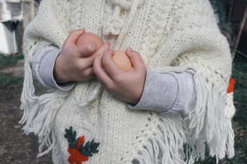 Toddler girl in wool sweater holding fresh organic eggs on the farm