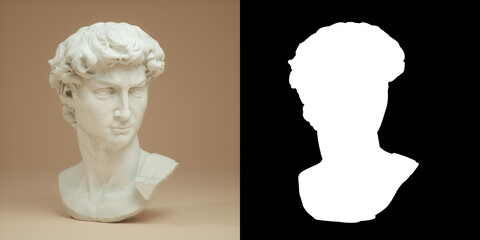 Head of Michelangelo's David isolated on beige background, via an black and white alpha channel. 3d render illustration.	