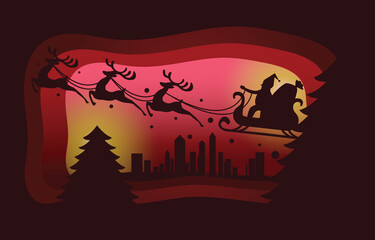 Christmas card paper art concept, Santa claus and reindeer running on night sky with snow, lighting , christmas tree, design for web banner, poster, advertising, christmas invitation card and new year