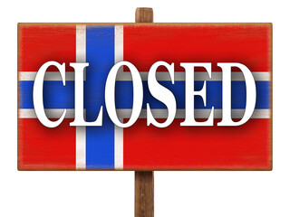 Fototapeta premium CLOSED sign on the plate with the image of the flag of Norway. Signboard with text. Quarantine during the COVID-19 coronavirus pandemic in Norway.