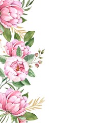 border ornament of delicate pink flowers of peonies watercolor illustration on a white background. hand painted for wedding invitations, decor and design